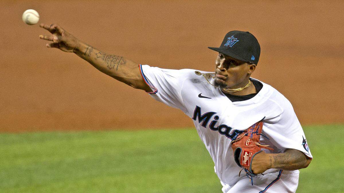 Miami Marlins pitcher Sixto Sanchez (73) pitches against the Toronto Blue Jays during the third inning of a baseball game at Marlins Park in Miami on Wednesday, September 2, 2020.