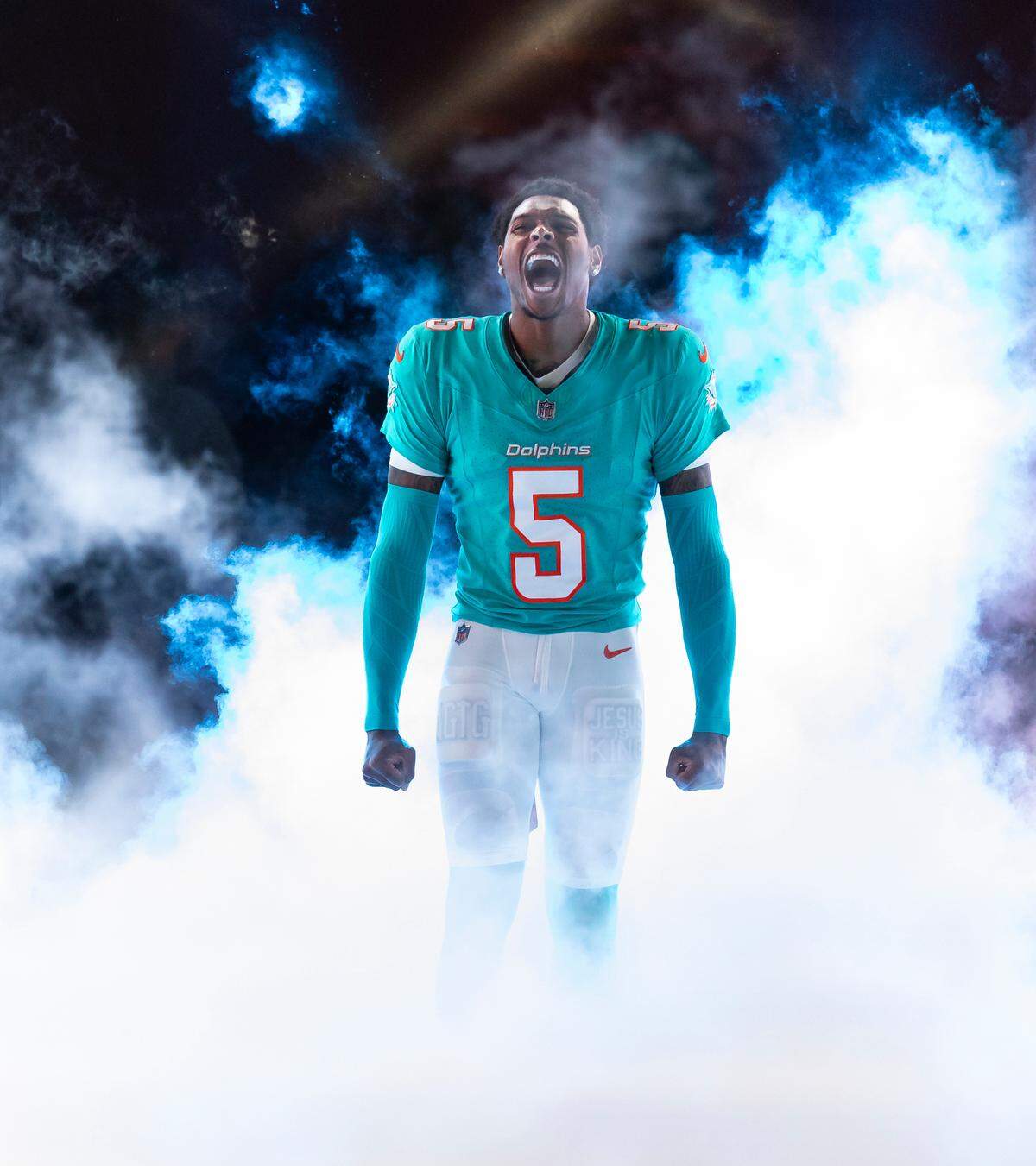 Miami Dolphins cornerback Jalen Ramsey (5) charges onto the field before the start of his NFL game against the Tennessee Titans at Hard Rock Stadium on Monday, Dec. 11, 2023, in Miami Gardens, Fla.