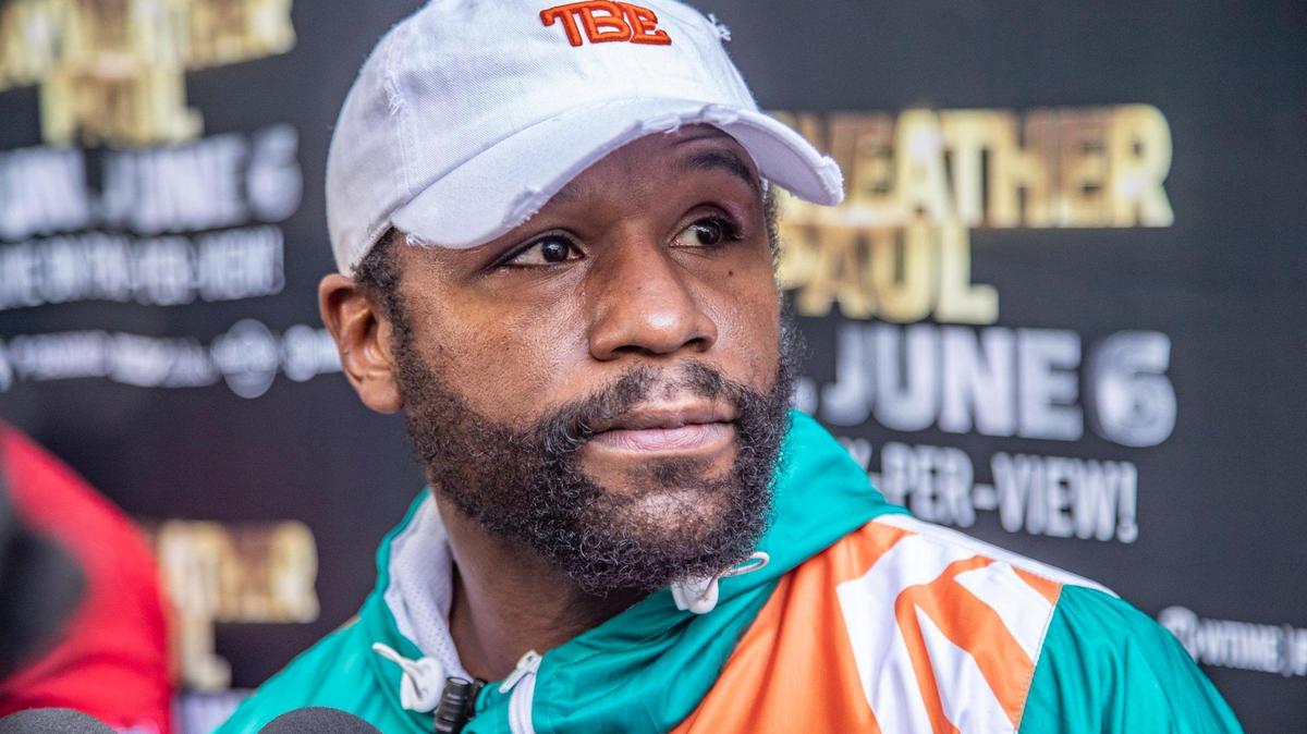 All-time boxing great and 2020 International Boxing Hall of Fame inductee Floyd “Money” Mayweather speaks with the media about the upcoming boxing match with social media sensation Logan “The Maverick” Paul after the two met face-to-face at Hard Rock Stadium on Thursday, May 6, 2021 to promote their upcoming fight on June 6, at the stadium in Miami Gardens.