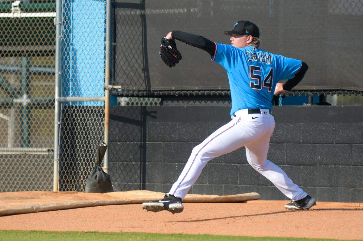 Miami Marlins pitcher Nic Enright throws a bullpen session on Wednesday, March, 8, 2023, at the Roger Dean Chevrolet Stadium complex in Jupiter, Florida.
