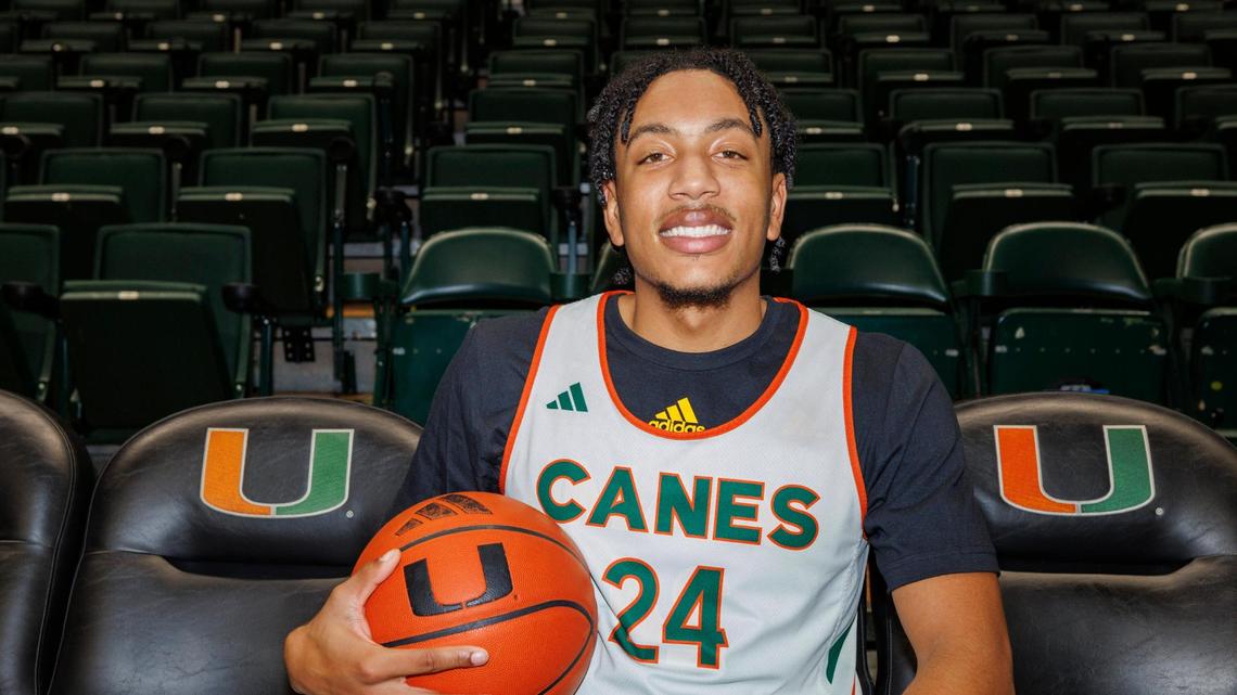 Nijel Pack (24), a returning starter, poses during media day for men’s basketball on Monday, Oct. 21, 2024, at the University of Miami.