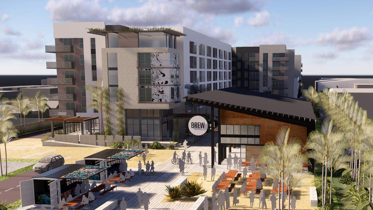 This architectural rendering shows the Ludlam Trail as it weaves across a planned retail-lined plaza and along a new apartment building at a development “node” on the south side of Bird Road.