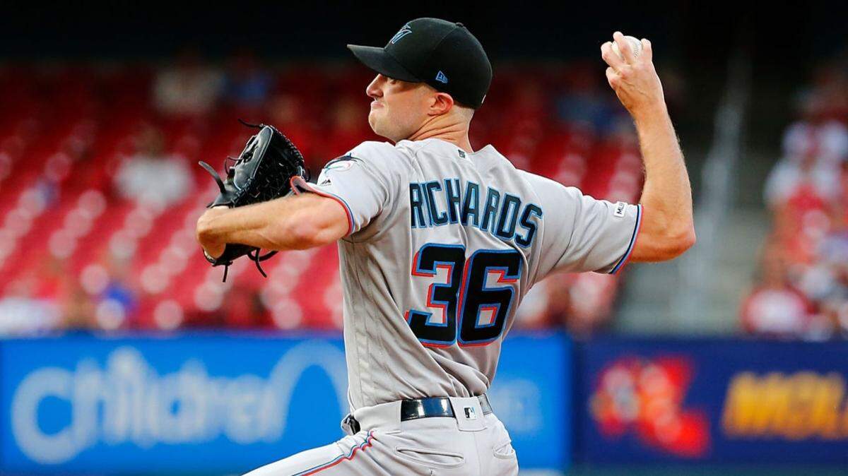 The Miami Marlins’ Trevor Richards delivers a pitch against the St. Louis Cardinals in the first inning at Busch Stadium on Wednesday, June 19, 2019, in St. Louis, Missouri.