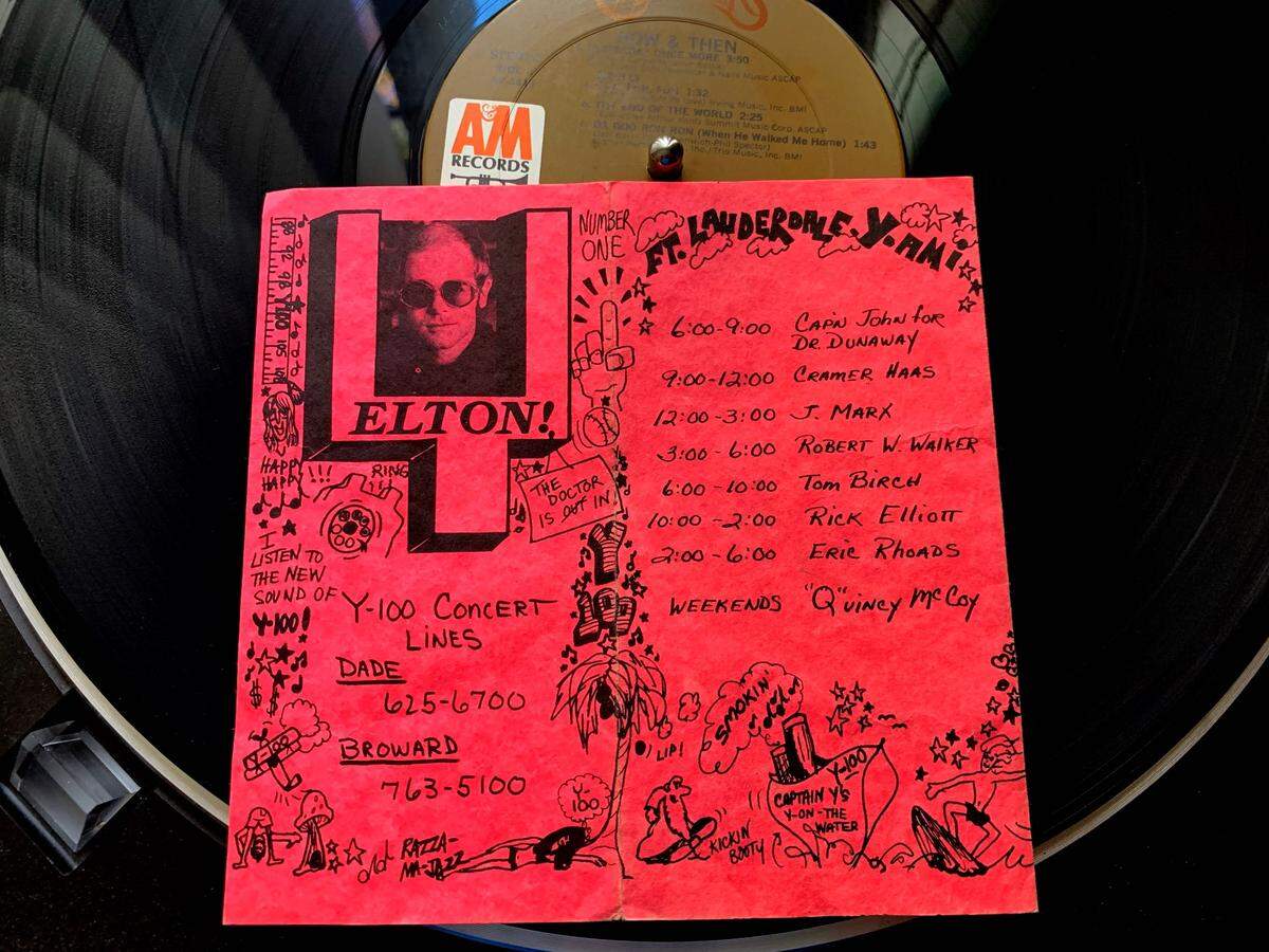 The Y-100 playlist for July 19, 1975, lists the South Florida radio station’s DJs at the time: Cap’n John for Dr. Dunaway, “Cramer” Haas, J. Marx, Robert W. Walker, Tom Birch, Rick Elliott, Eric Rhoads and “Quincy” McCoy. The No. 1 album in South Florida that week, according to Y-100, was Elton John’s “Captain Fantastic and the Brown Dirt Cowboy.” The No. 1 song was “Love Will Keep Us Together” by the Captain & Tennille. “The Miami Sound is scoring big with record-buyers all over the U.S. with Hialeah’s K.C. & the Sunshine Band, Delray Beach’s Gwen McRae on the charts, and Rumbottom’s house band, Calhoun, a long-time N.Y. disco favorite, about to score with ‘Dance, Dance, Dance,’” the playlist said.