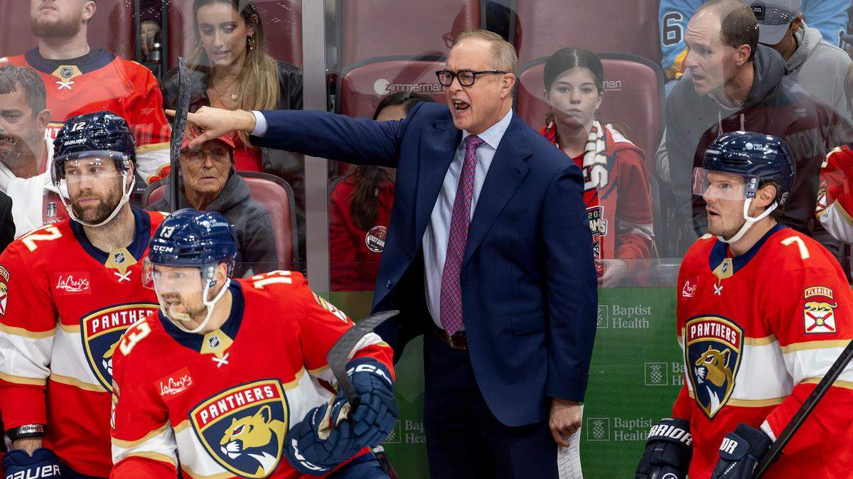 Florida Panthers head coach Paul Maurice shouts from the bench during the first period of an NHL game against the St. Louis Blues at Amerant Bank Arena on Friday, Dec. 20, 2024, in Sunrise, Fla.