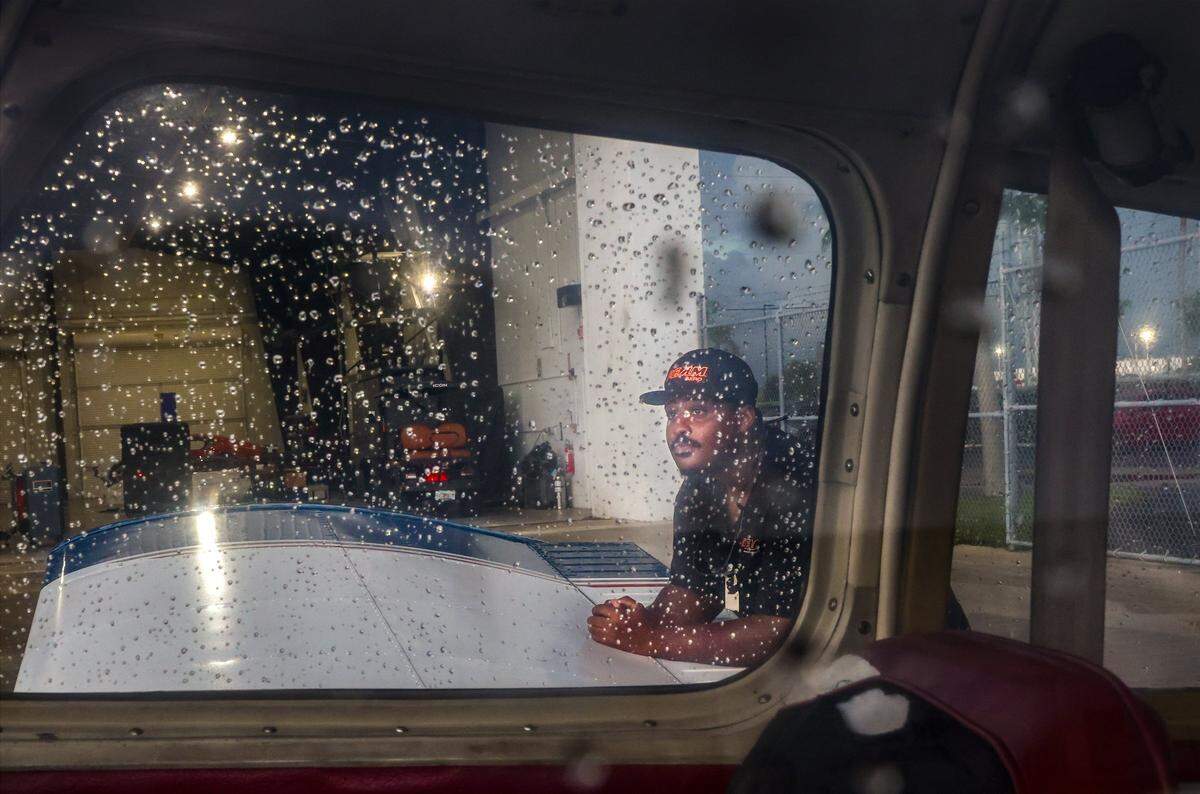 Enocch Marshall takes in the transition from uncertainty to a career in aviation technology after enrolling in a job training program on Thursday, September 11, 2025 at Bitts in Opa-Locka, Florida.