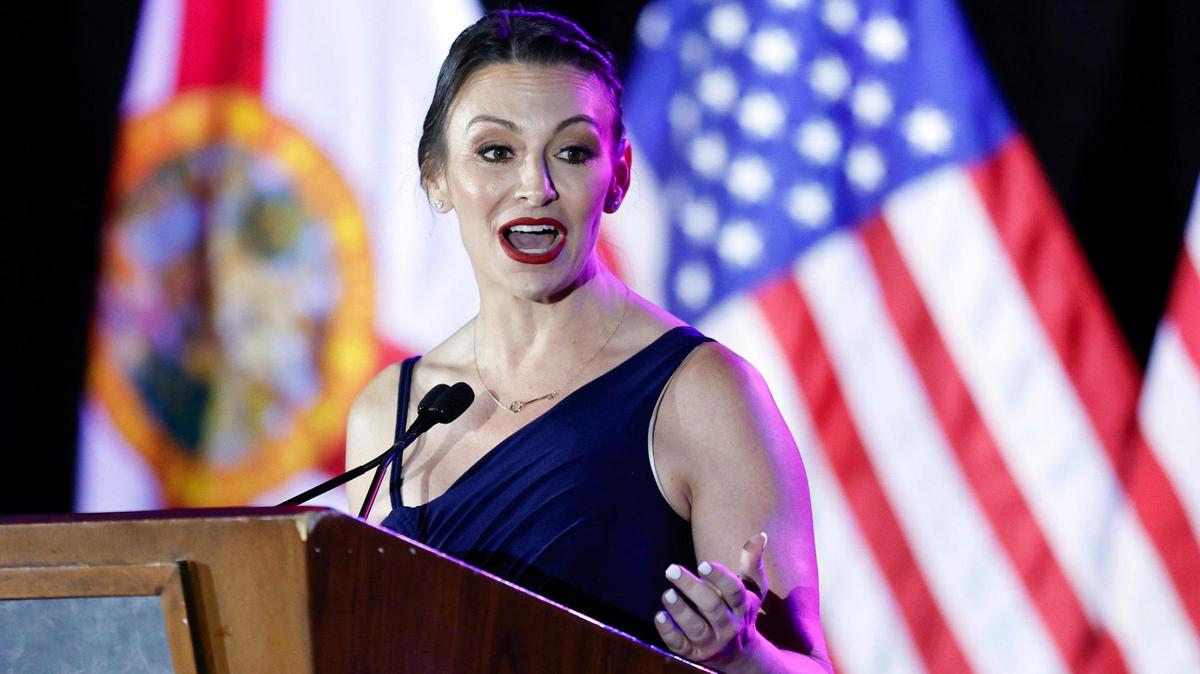 Florida Democratic Party Chair, Nikki Fried speaks during the gala at the party’s annual Leadership Blue Weekend at the Fontainebleau Hotel in Miami Beach, Florida, on Saturday, July 8, 2023.