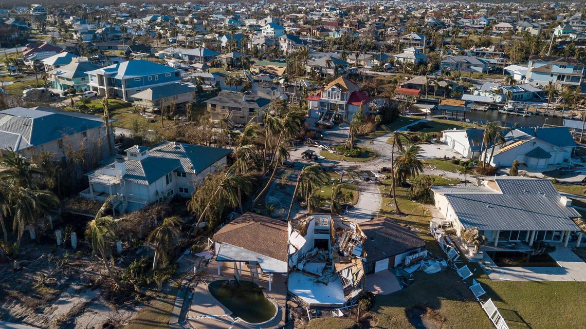 An aerial view of hurricane damage on the southern tip of St. James City on Friday, Sept. 30, 2022, in Pine Island, Florida. Hurricane Ian made landfall on the coast of Southwest Florida as a Category 4 storm Wednesday afternoon, leaving areas affected with flooded streets, downed trees and scattered debris.