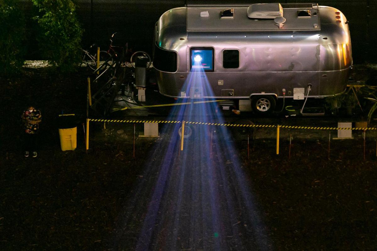 An Airstream trailer at the Nite Owl Drive-In Theater doubles as a portable projection booth capable of playing films on 4K and 35mm film.