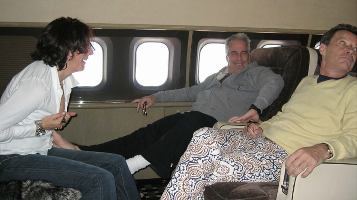 Undated photo of Jeffrey Epstein, Ghislaine Maxwell and Jean-Luc Brunel aboard one of Epstein’s private jets.