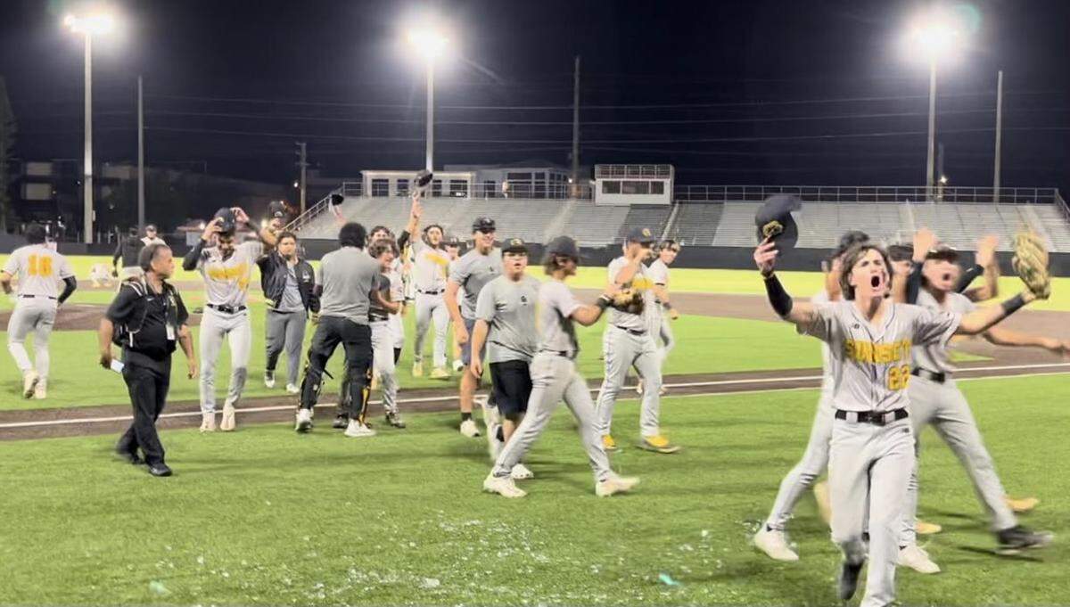 Miami Sunset players celebrate their first ever trip to the state baseball final four following a 2-1 win over Key West in the Region 4-4A final on Tuesday night in Key West.
