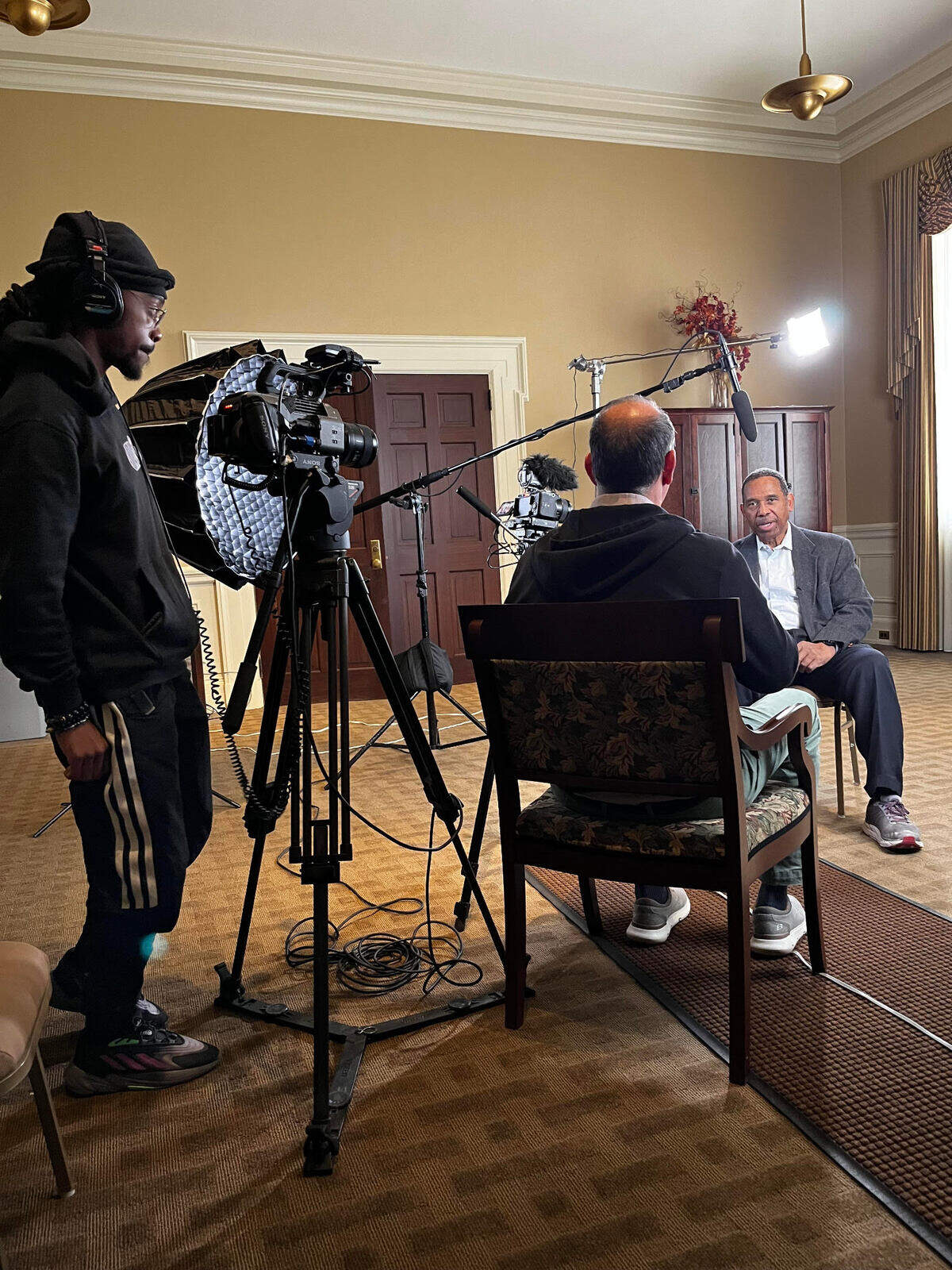 Oscar Corral and Haleem Muhsin filming their documentary “Interstate” getting its world premiere at the Miami Film Festival.