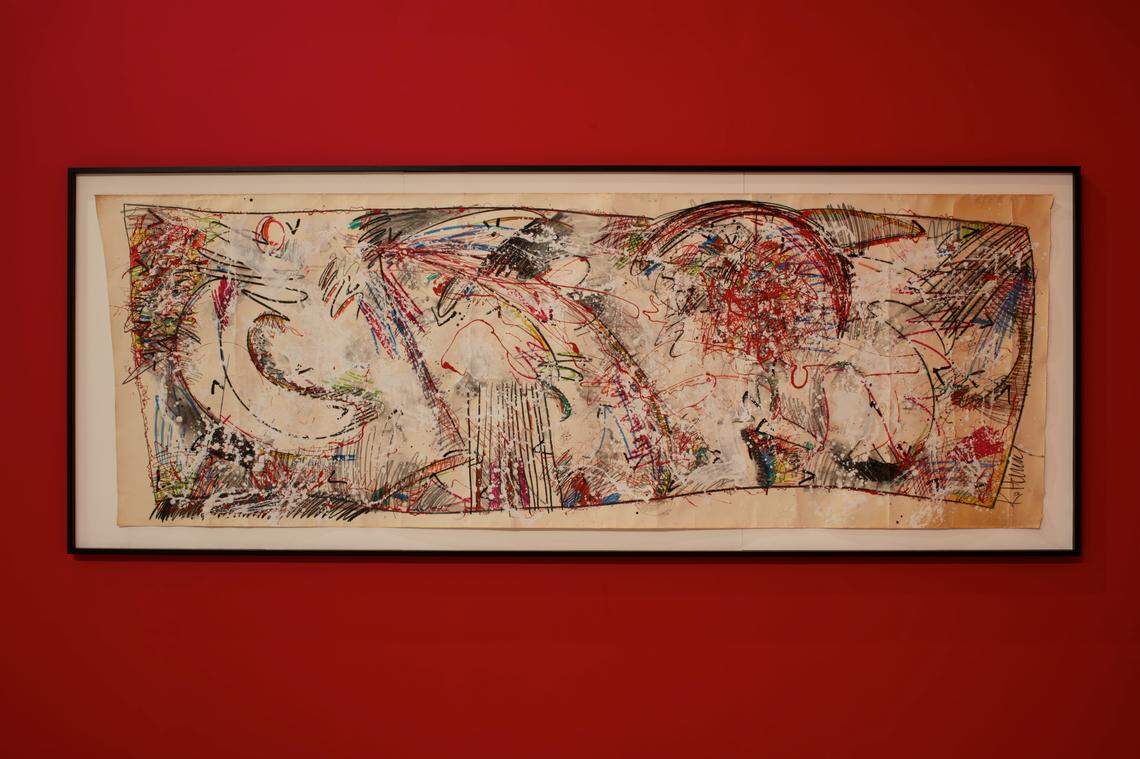 Keith Haring made this untitled piece in 1977, the same year he saw Pierre Alechinsky’s solo exhibition in Pittsburgh. The painting, which has never been exhibited before, was rolled up for about 45 years until it was unfurled and framed for the NSU Art Museum show.