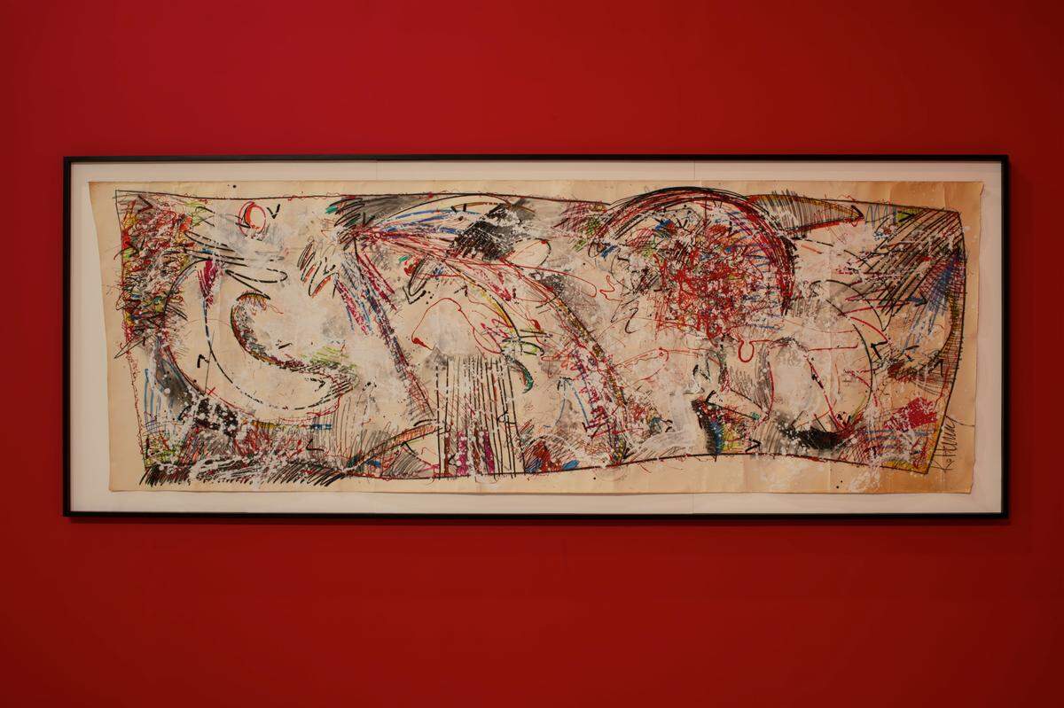 Keith Haring made this untitled piece in 1977, the same year he saw Pierre Alechinsky’s solo exhibition in Pittsburgh. The painting, which has never been exhibited before, was rolled up for about 45 years until it was unfurled and framed for the NSU Art Museum show.