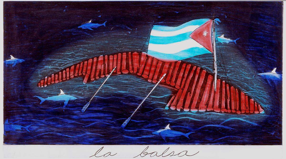 Sandra Ramos, La Balsa (The Raft), 1998, colored collagraph. Collection of Museum of Art | Fort Lauderdale, Gift of Jorge H. Santis.