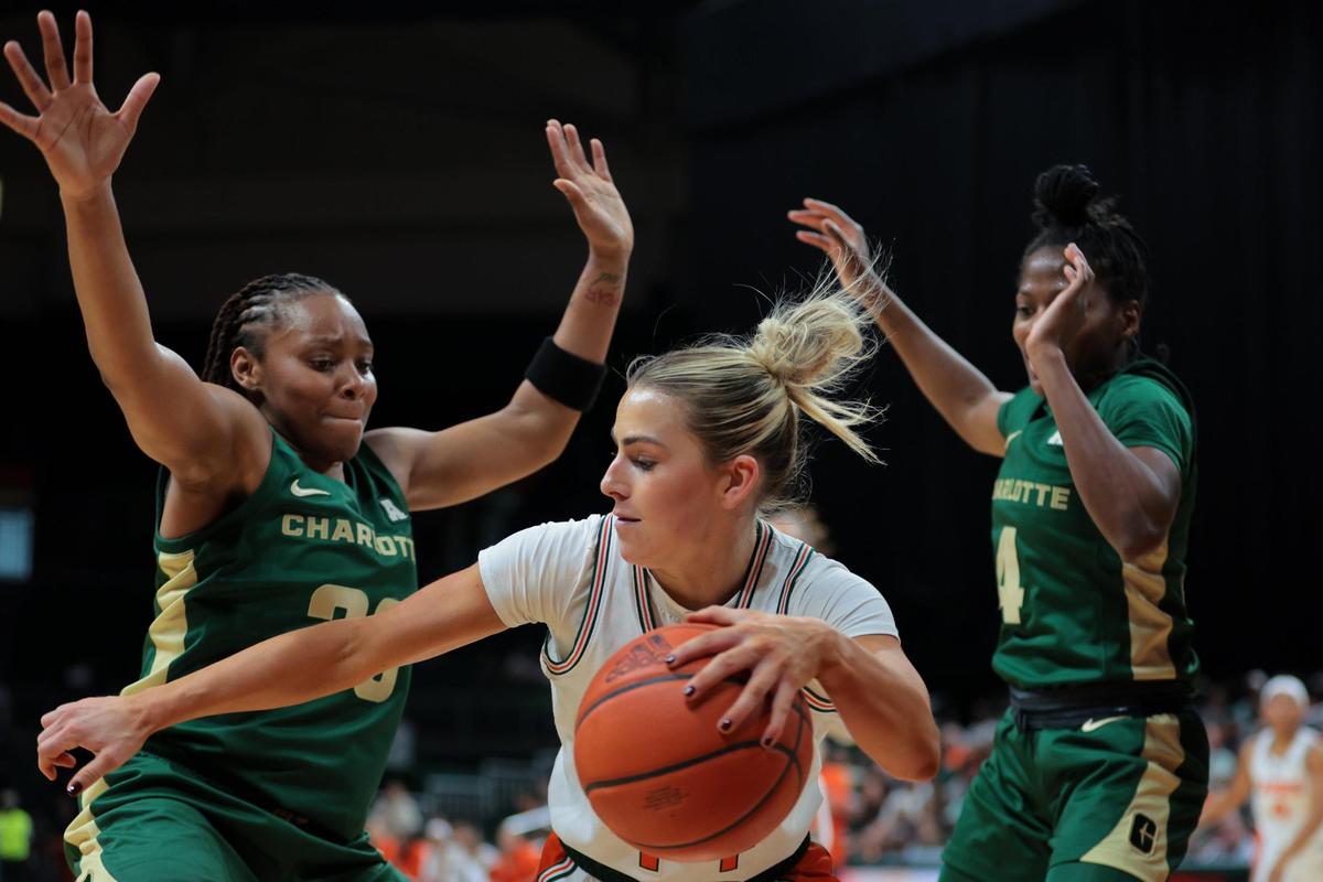 Miami Hurricanes guard Haley Cavinder (14) protects the basketball from Charlotte 49ers guard Hayleigh Breland (23) during the second quarter at Watsco Center in Coral Gables, Florida, Friday, November 29, 2024.