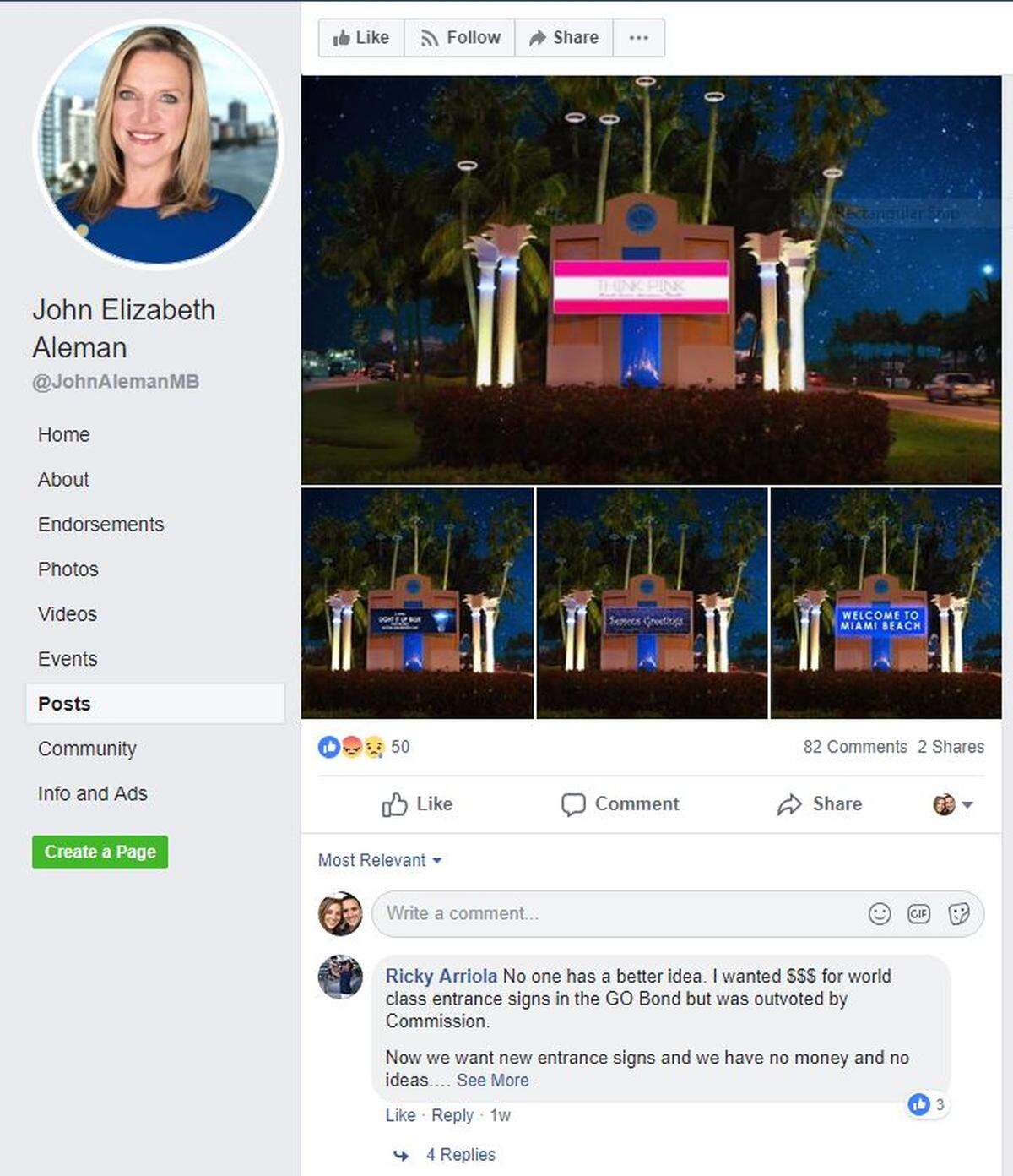 Miami Beach Commissioner Ricky Arriola responded to a Facebook post from Commissioner John Elizabeth Alemán. City officials often post about Miami Beach issues on Facebook, but they run into a legal gray area when they respond to each other’s posts because of Florida’s broad open government law.