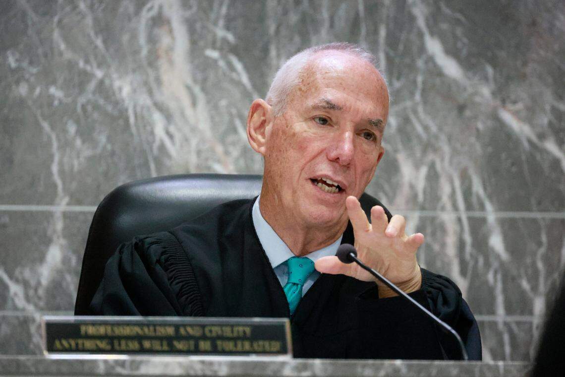 Broward Circuit Judge John Murphy presides over a bond hearing for Jamell Demons, better known as rapper YNW Melly on Friday, September 15, 2023. His previous trial ended in a mistrial after the jury was deadlocked and unable to reach a verdict in July 2023. Demons, 24, is accused of killing two fellow rappers and conspiring to make it look like a drive-by shooting in October 2018. (Mike Stocker/South Florida Sun Sentinel)