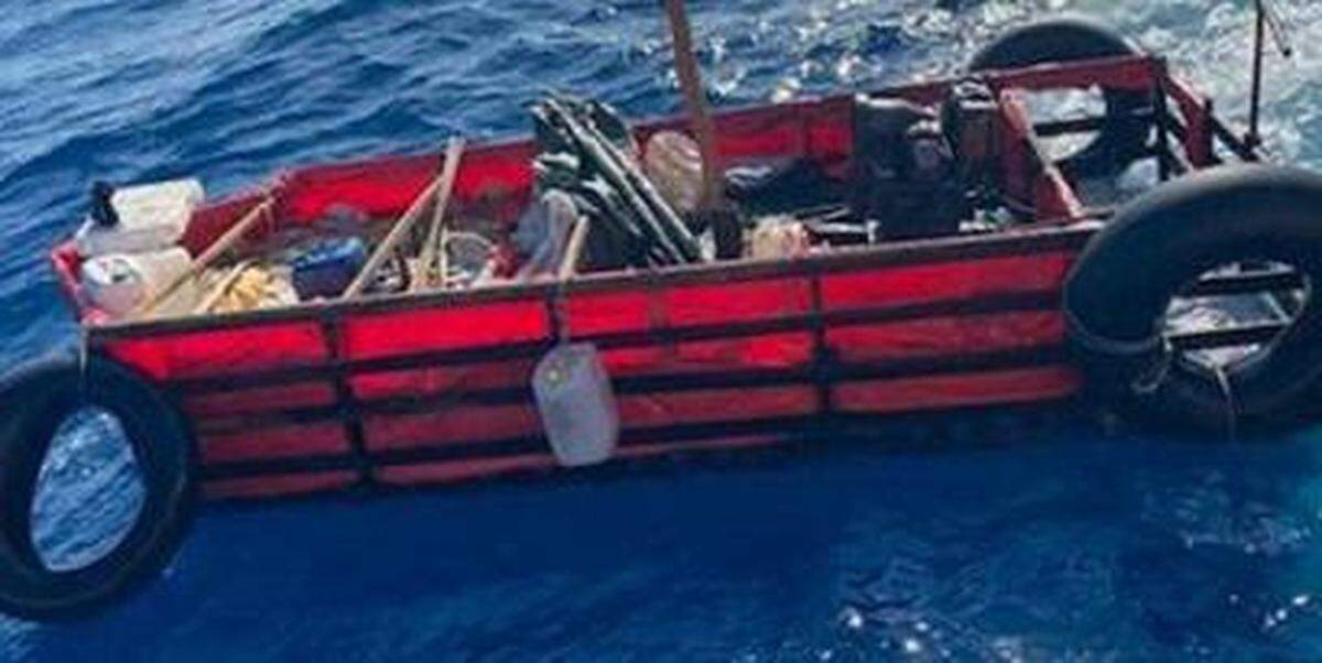 A 20-foot makeshift vessel floats in the ocean off Islamorada in the Florida Keys Thursday, Sept. 16, 2021. Fourteen people from Cuba were on the boat trying to migrate to the United States.