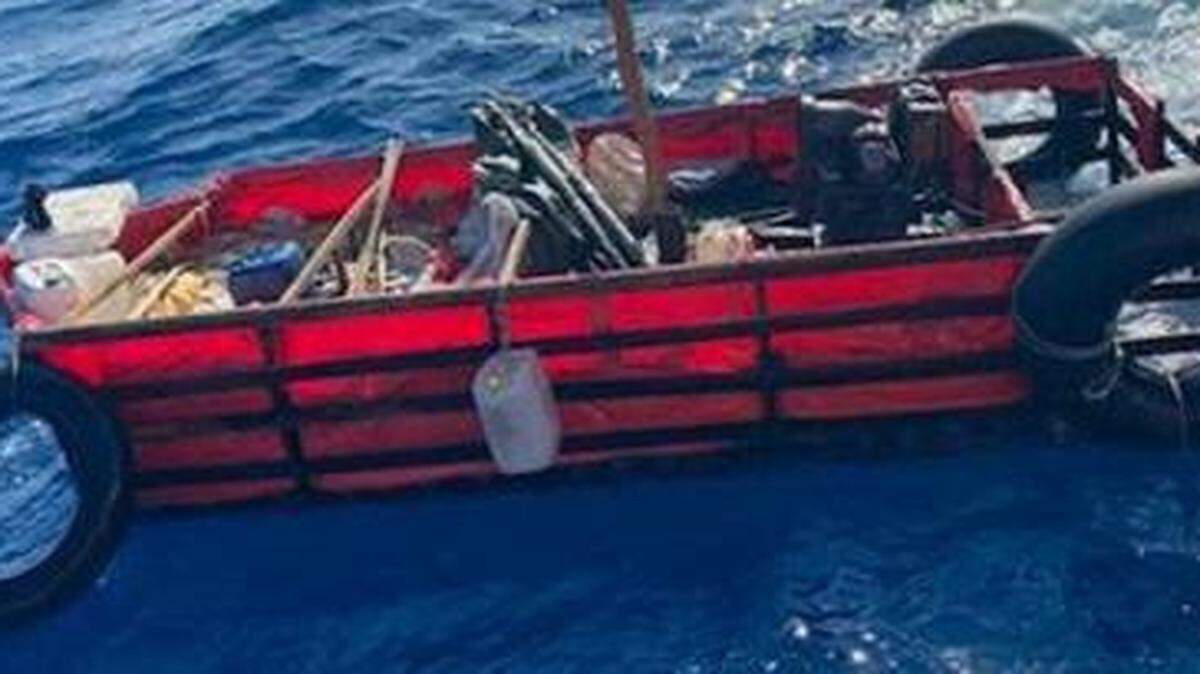 A 20-foot makeshift vessel floats in the ocean off Islamorada in the Florida Keys Thursday, Sept. 16, 2021. Fourteen people from Cuba were on the boat trying to migrate to the United States.