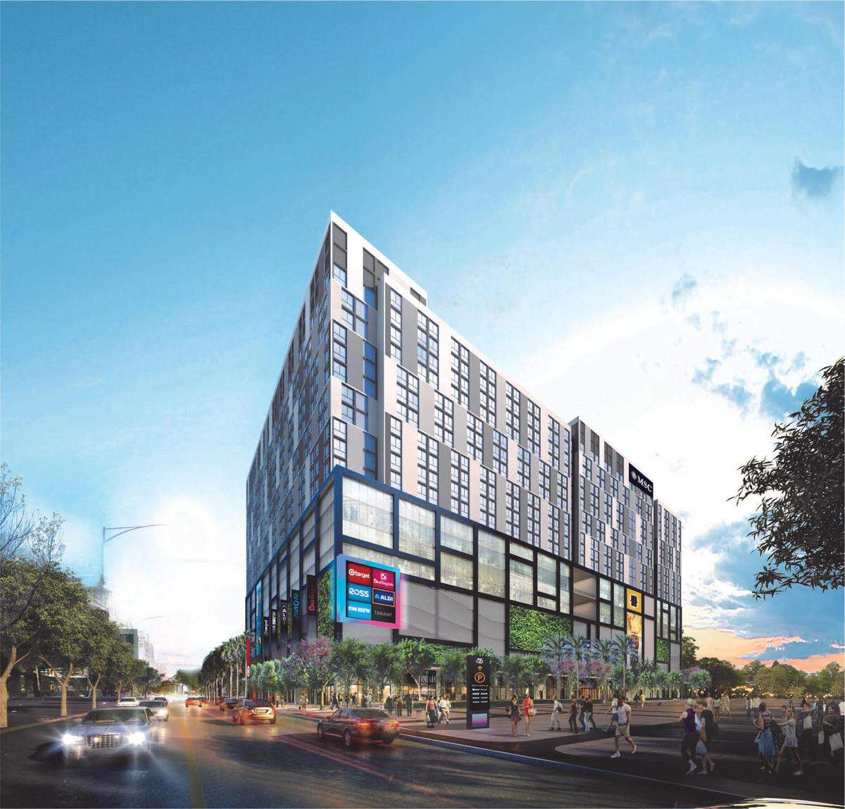 Rendering of Target, Ross Dress for Less, Aldi, Burlington, MSC Cruises, and affordable housing for seniors are part of 55 Block at Sawyer’s Walk in Miami’s Overtown neighborhood, set for fall 2024.