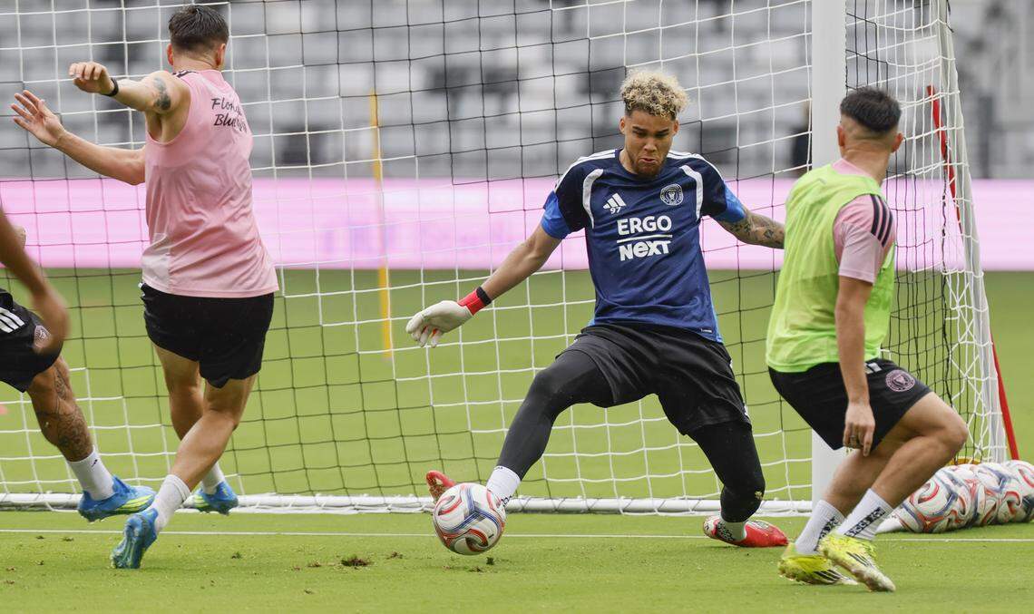Inter Miami CF goalkeeper Dayne St. Clair (97) runs drills with teammates during practice at Nu Stadium at Miami Freedom Park on Thursday, April 2, 2026, in Miami.