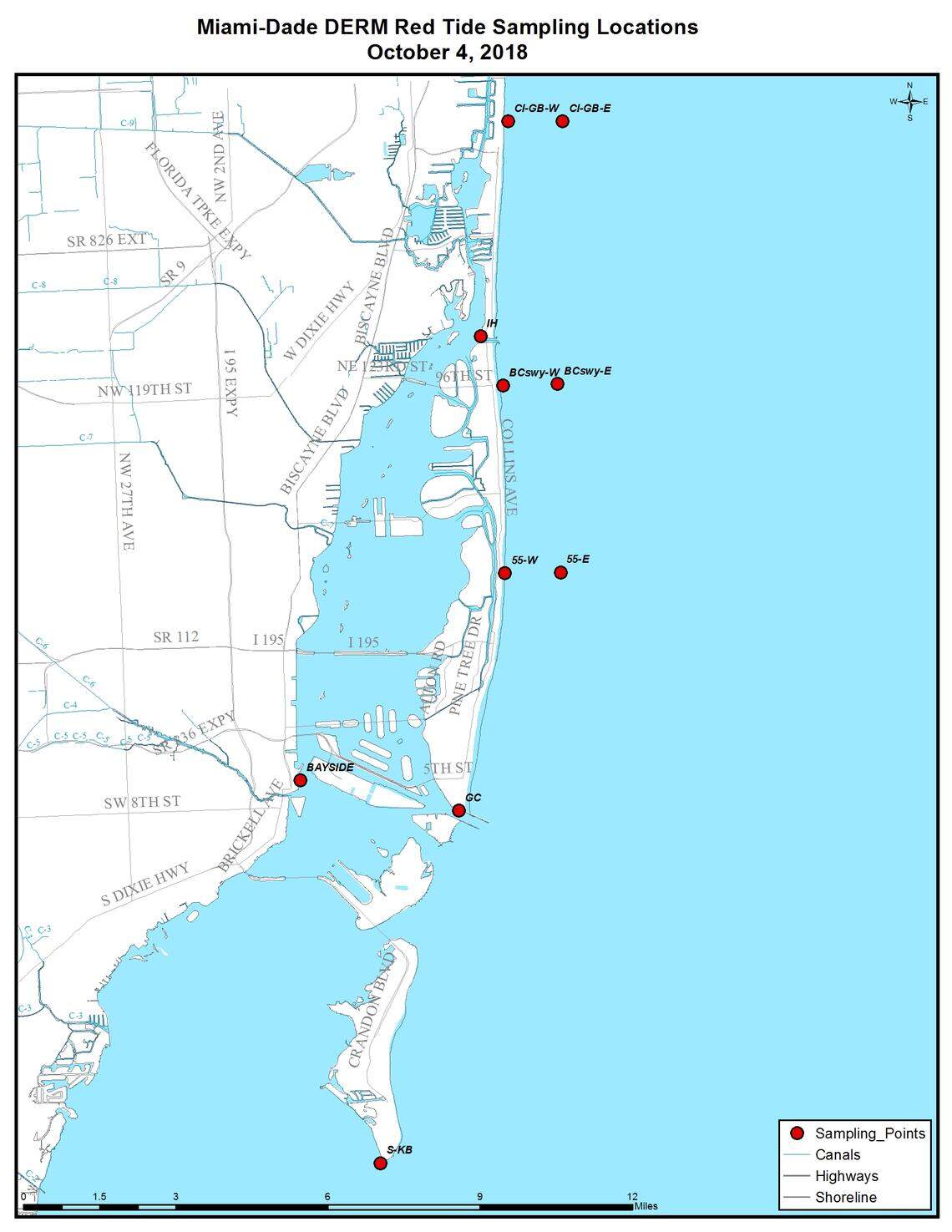 Miami-Dade County collected additional water samples on Thursday after red tide was confirmed near Haulover Park and in lower amounts off Miami Beach and Key Biscayne. Source: Miami-Dade Division of Environmental Resources Management.