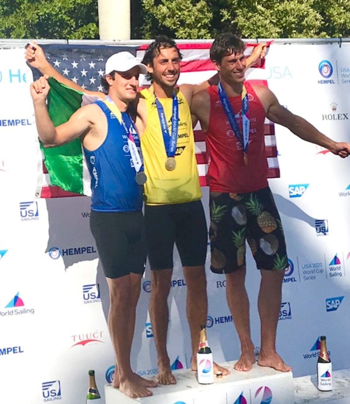 Pedro Pascual (middle) won gold in the men’s RS:X boardsailing class at the Hempel World Cup Series Miami on Saturday in Coconut Grove ahead of Mexico’s Ignacio Berenguer (left) and Lithuania’s Juozas Bernotas (right).
