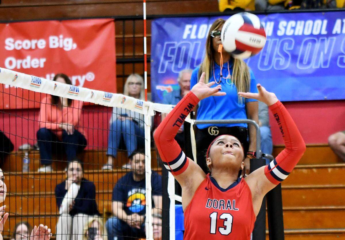 Doral Academy sophomore Amy Smith sets up a shot during an FHSAA Class 7A state semifinal on Thursday against defending state champion Winter Park at Polk State College in Winter Haven.