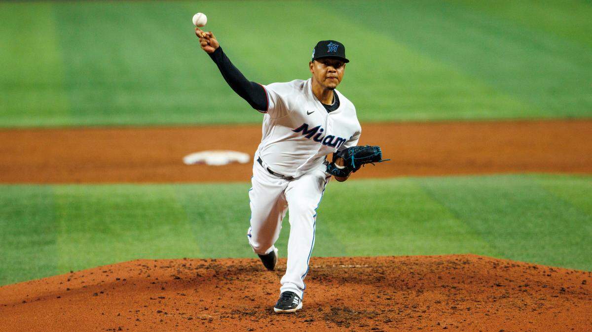 Miami Marlins starting pitcher Elieser Hernandez (57) pitches during the third inning of a baseball game against the Milwaukee Brewers at LoanDepot Park on Sunday, May 15, 2022 in Miami, Florida.