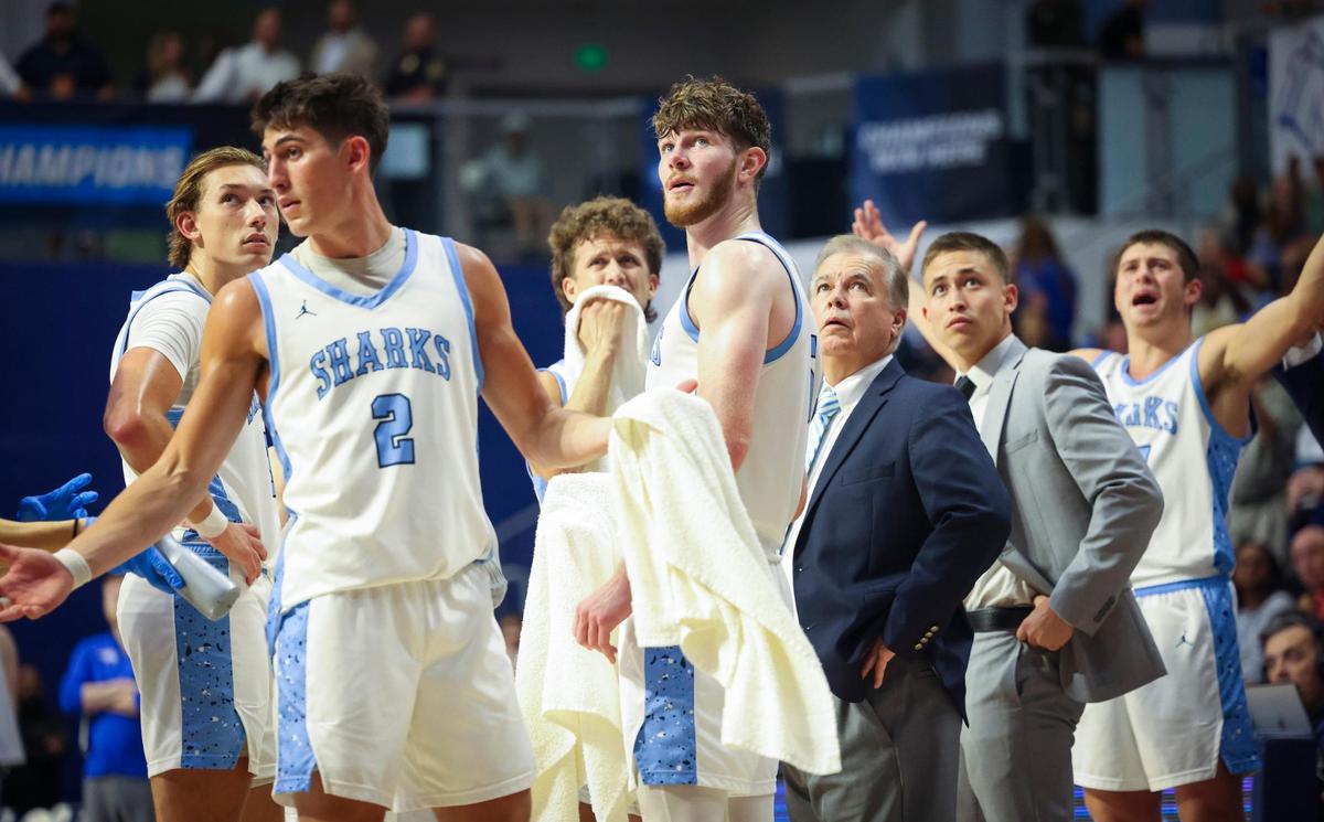 NSU Head Coach Jim Crutchfield, third from the right, and the team during the second half of a NCAA Division II South Regional final on Tuesday, March 18, 2025, in the Rick Case Arena at Nova Southeastern University in Davie, Fla. NSU won and advances to the Elite Eight.