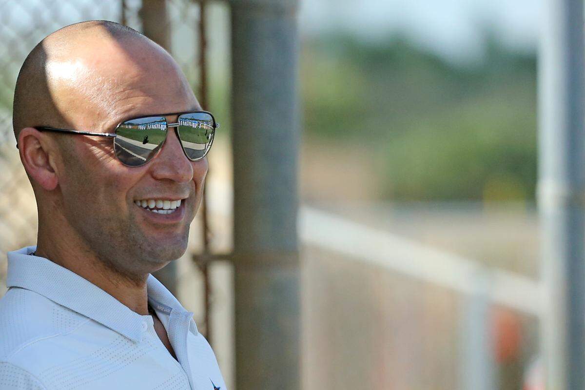 Miami Marlins Chief Executive Officer Derek Jeter smiles during the first full-squad spring training workout on Monday, February 18, 2019 in Jupiter, FL.