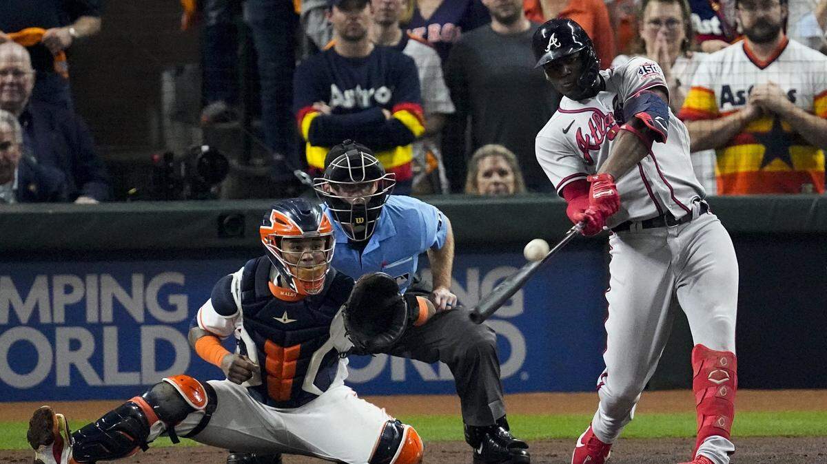 Atlanta Braves’ Jorge Soler hits a three-run home run during the third inning in Game 6 of baseball’s World Series between the Houston Astros and the Atlanta Braves Tuesday, Nov. 2, 2021, in Houston. (AP Photo/Sue Ogrocki)