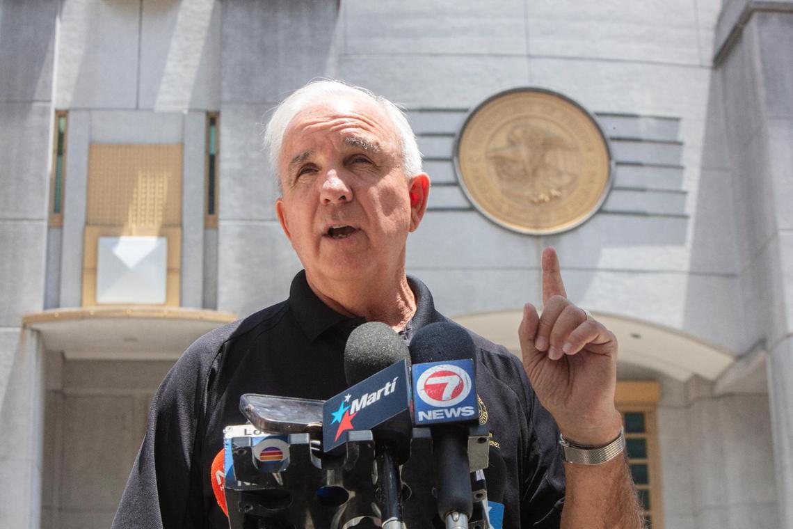 Rep. Carlos Gimenez, who represents Florida’s 28th Congressional District, speaks to the media outside the Federal Department of Corrections in Miami on June 17, 2025, following a tour of the ICE facility conducted as part of an oversight and fact-finding mission.