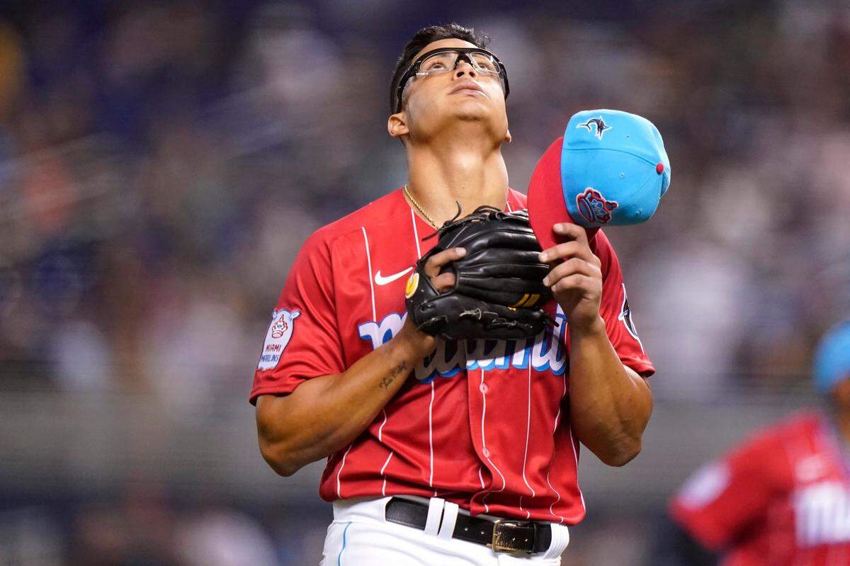 Miami Marlins starting pitcher Jesus Luzardo walks from the mound during the fourth inning of a baseball game against the Philadelphia Phillies, Saturday, Oct. 2, 2021, in Miami.