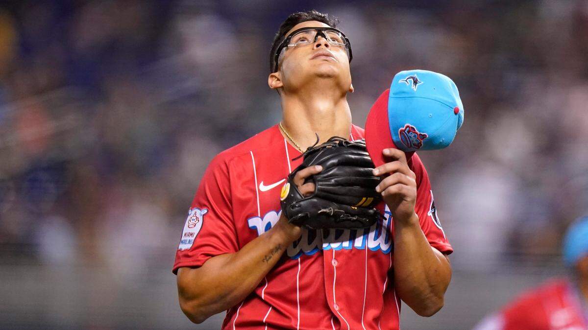 Miami Marlins starting pitcher Jesus Luzardo walks from the mound during the fourth inning of a baseball game against the Philadelphia Phillies, Saturday, Oct. 2, 2021, in Miami. (AP Photo/Lynne Sladky)