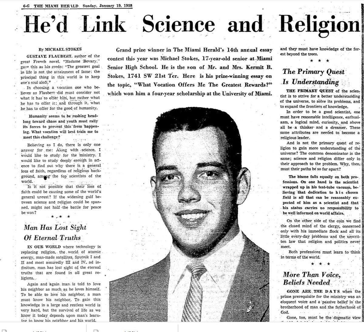 A Miami Herald Jan. 19, 1958 story on Miami Senior High student Michael Stokes who won the Herald’s essay contest that year out of 20,000 entries.