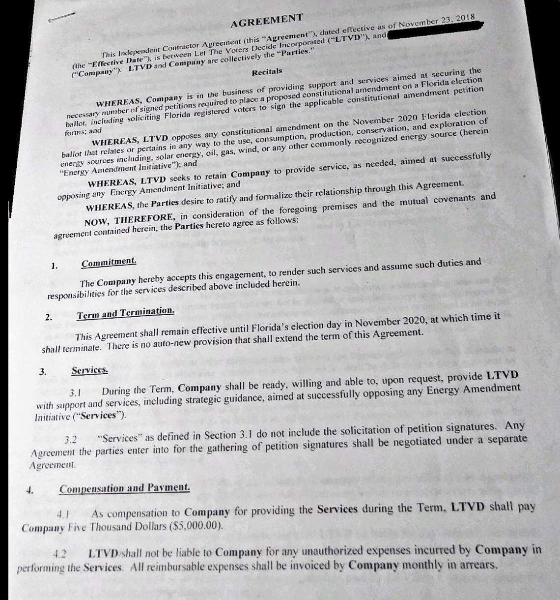 A screen shot of the contract used by the organization that collected signatures for Citizen Voters that includes a no-compete clause prohibiting them from carrying petitions for a proposal to deregulate energy in Florida. Many of the same individuals then worked for Keep Our Constitution Clean.