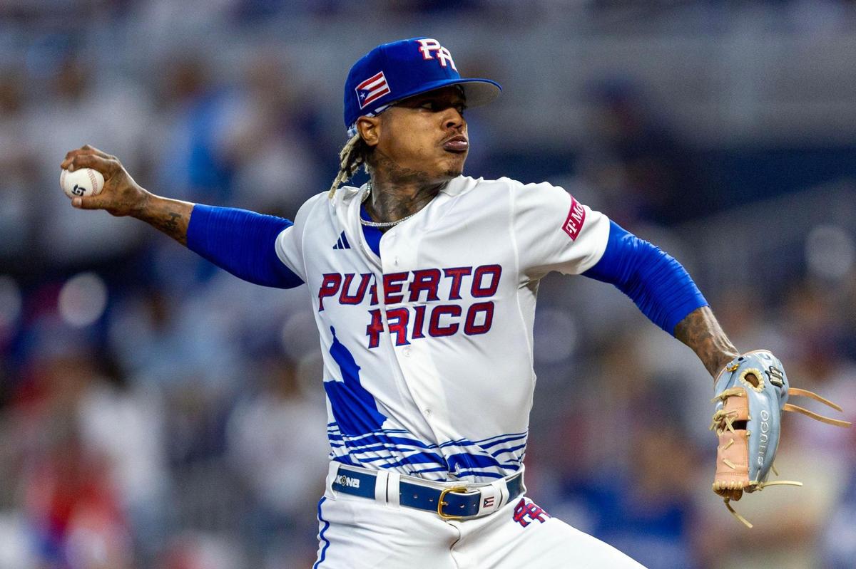Puerto Rico pitcher Marcus Stroman (0) throws the ball during the first inning of a 2023 World Baseball Classic game against Nicaragua at loanDepot Park in Miami, Florida, on Saturday, March 11, 2023.