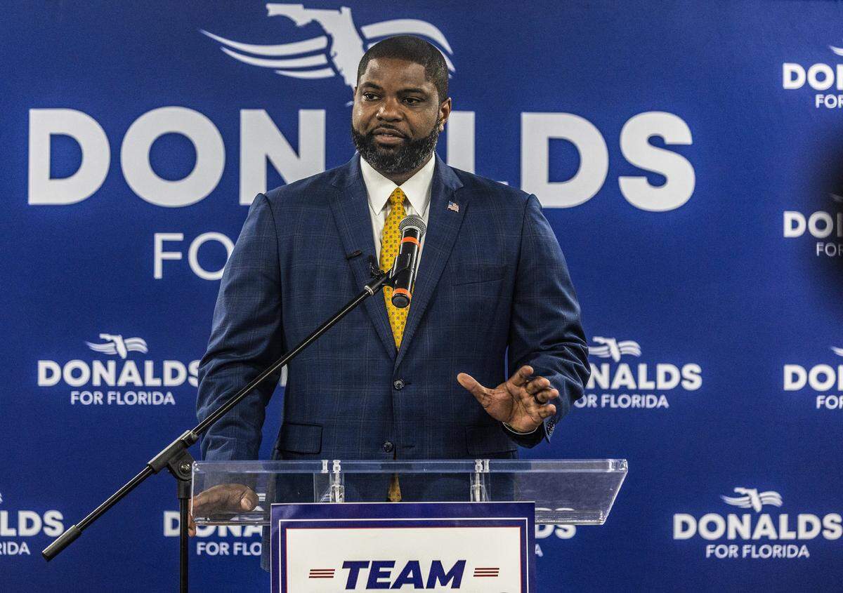 U.S. Congressman Byron Donalds speaks during a roundtable to discuss the future of education in Florida, held by him and his wife Erika Donalds at Miami Dade College West Campus, as part of his campaign to run in the 2026 Republican primary for Florida Governor, in Doral on Tuesday, March 24, 2026.