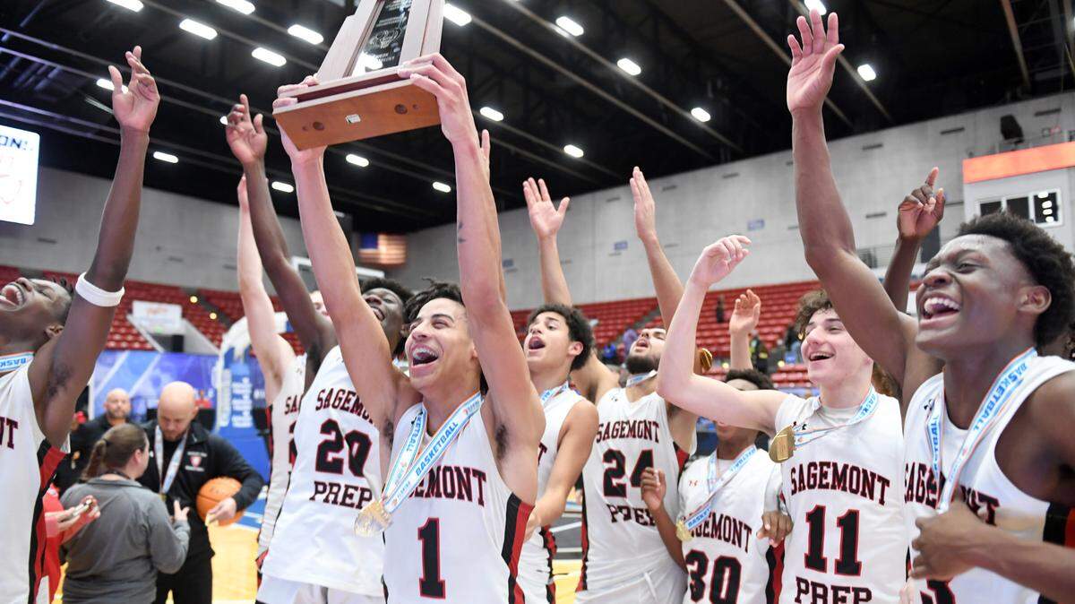 Sagemont celebrates their victory over Orlando Christian Prep in the Class 2A final during the Florida High School State Championships at the RP Funding Center in Lakeland, Fl on Thursday February 29, 2024. Sagemont defeated Orlando Christian Prep 50-47. Scott Wheeler | Photo