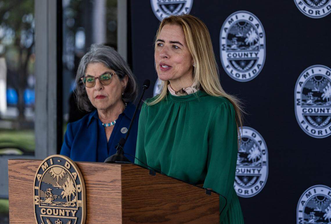 Miami-Dade Commissioner Raquel Regalado speaks as she joined Miami-Dade Mayor Daniella Levine Cava, during a press conference at County Hall, called by the Mayor, to put pressure on county commissioners to sustain her veto of a new headquarters for Kelly Tractor off of State Road 836 and outside the county's Urban Development Boundary, on Tuesday, February 17, 2026.