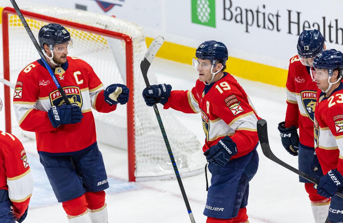 Florida Panthers left wing Matthew Tkachuk (19) celebrates with his teammates after scoring a goal against the Chicago Blackhawks in the second period of their NHL game at Amerant Bank Arena on Saturday, Feb. 1, 2025, in Sunrise, Fla.