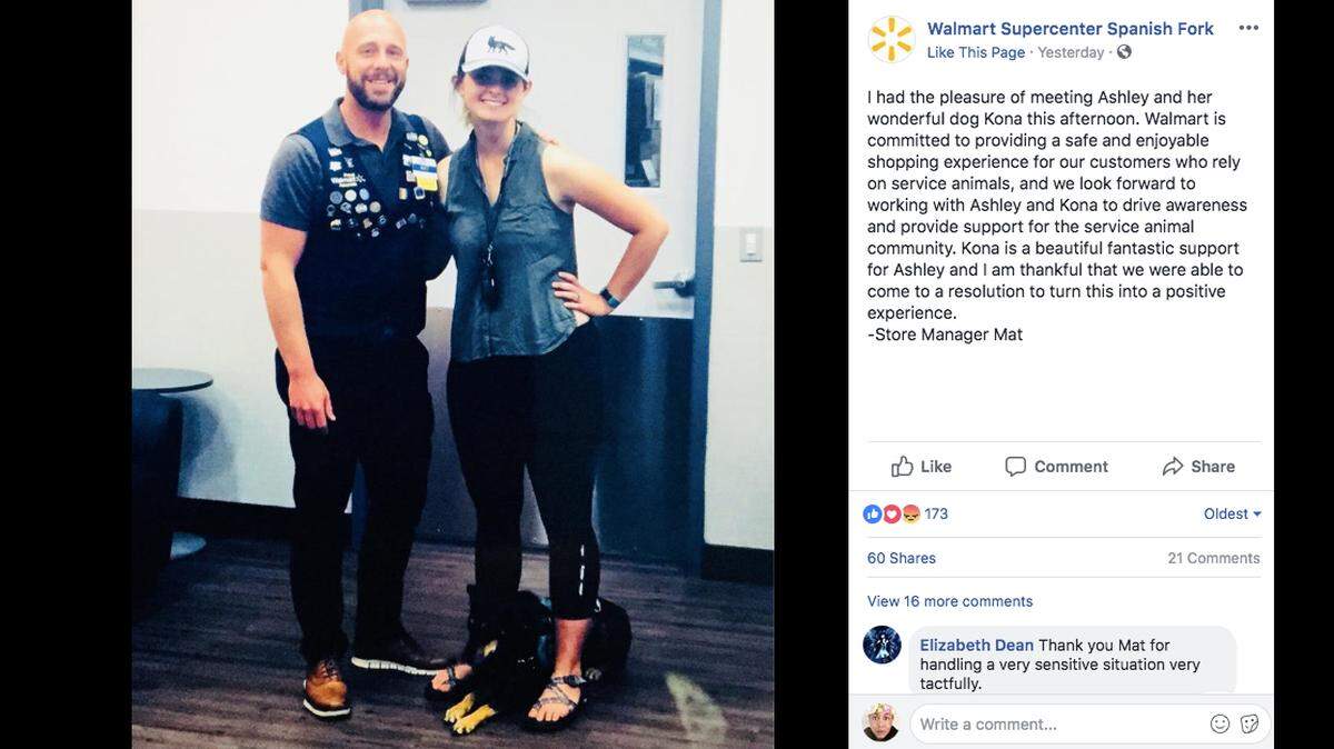 Walmart says it has apologized to a Utah woman who accused an employee of harassing her over her service dog.