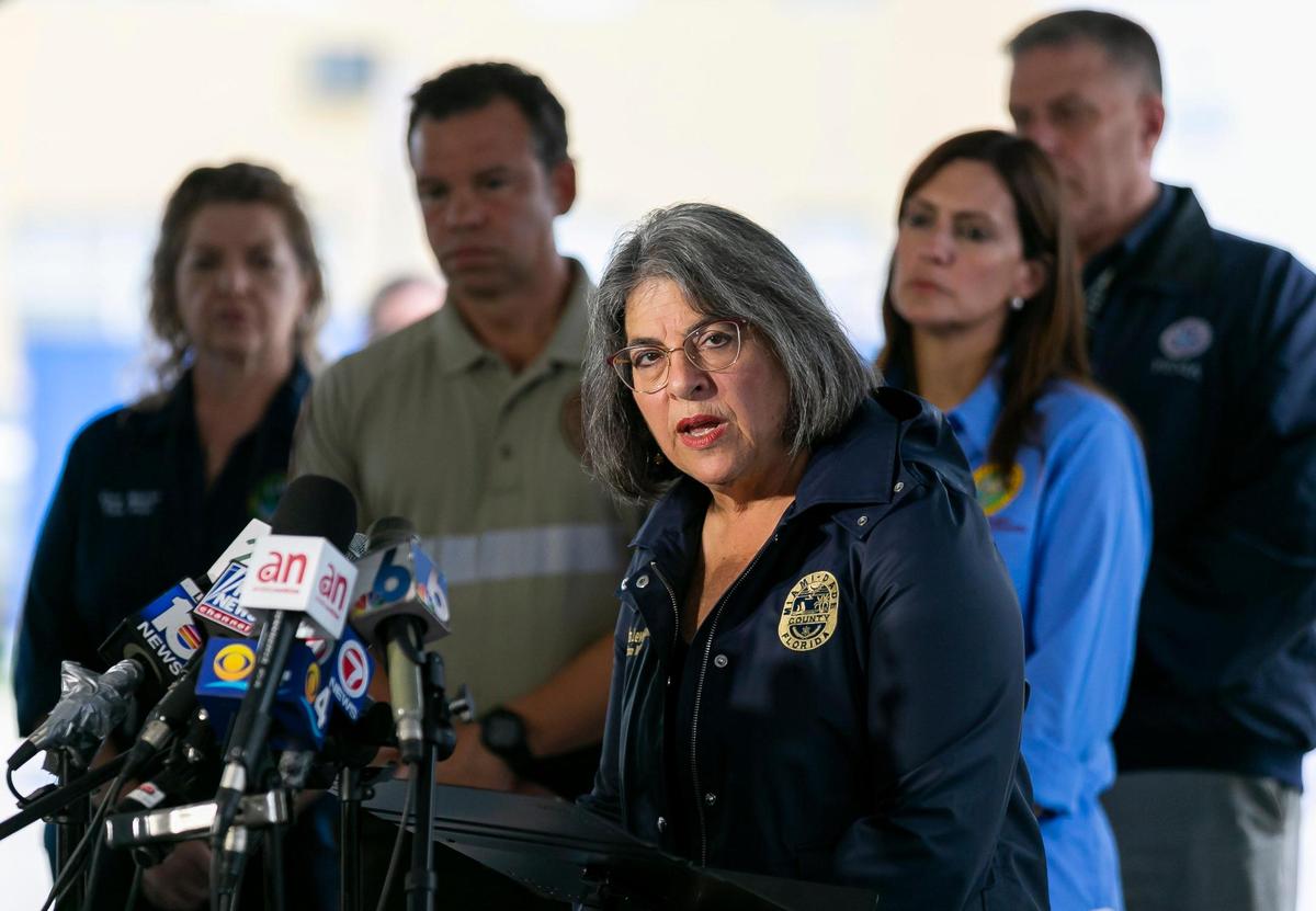 Miami-Dade County Mayor Daniella Levine Cava speaks to the media about the collapsed Champlain Towers South recovery mission in Surfside, Florida, on Monday, July 12, 2021.