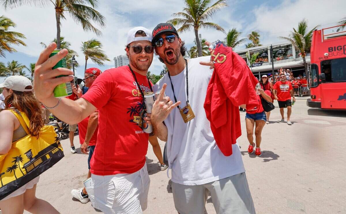 Florida Panthers fans celebrate during the Florida Panthers Stanley Cup victory parade and rally at the beach along A1A in Fort. Lauderdale, Florida on Sunday, June 22, 2025.