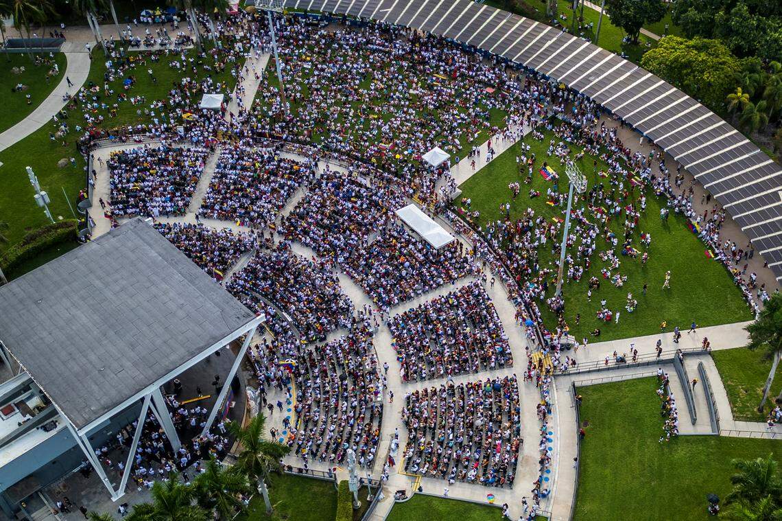 A view of the crowd inside the FPL Solar Amphitheater Auditorium during the rally in downtown Miami.