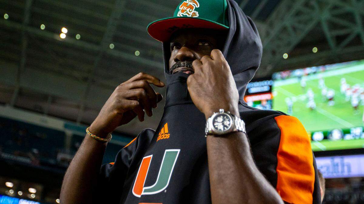 Former University of Miami player Ed Reed reacts on the sidelines during an ACC football game against Florida State University at Hard Rock Stadium in Miami Gardens on Saturday, November 5, 2022.v