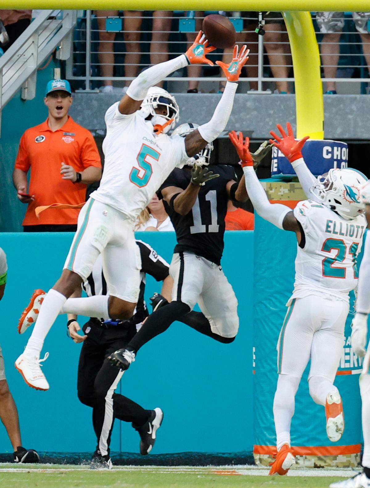 Miami Dolphins cornerback Jalen Ramsey (5) intercepts the pass by Las Vegas Raiders quarterback Aidan O’Connell (4) late in the fourth quarter at Hard Rock Stadium in Miami Gardens on Sunday, November 19, 2023.