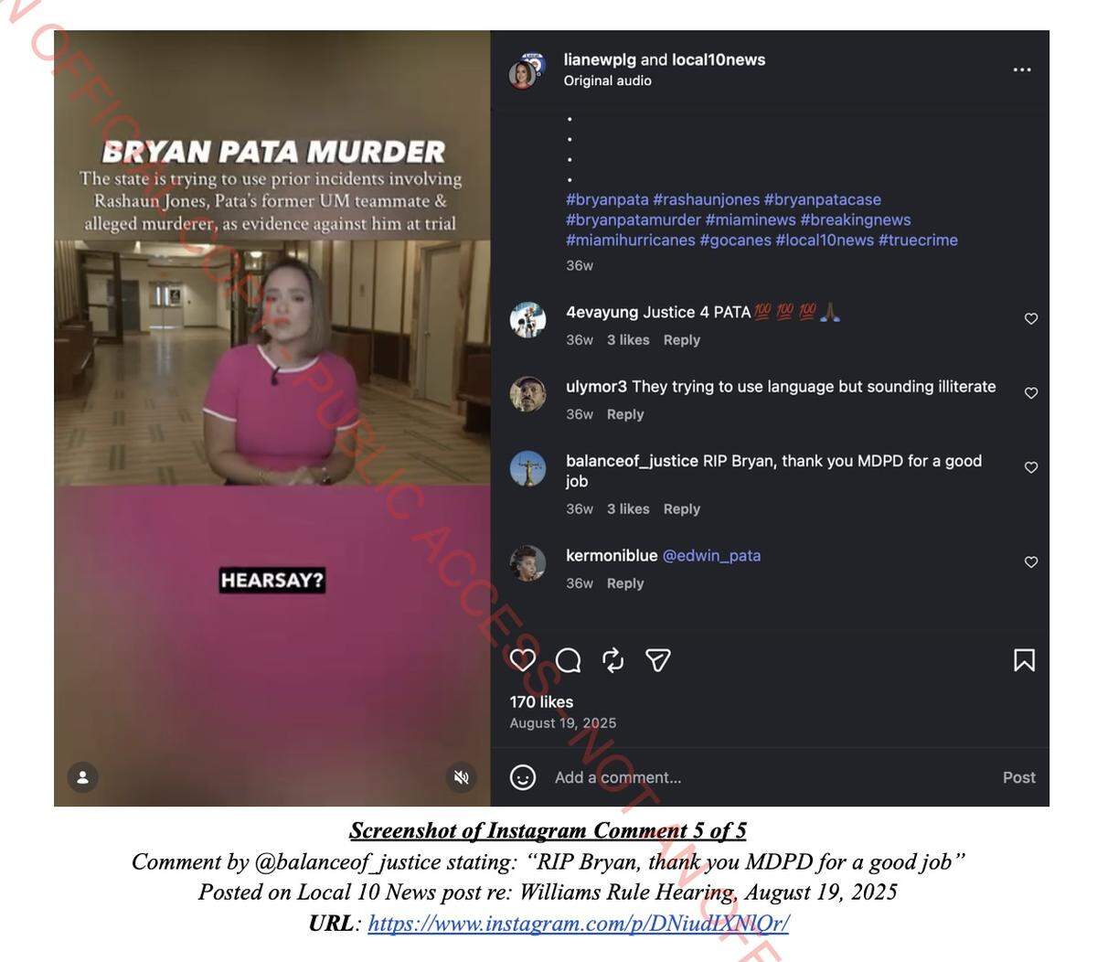 Screenshot of an Instagram comment made by @balanceof_justice on media coverage of the Bryan Pata murder trial